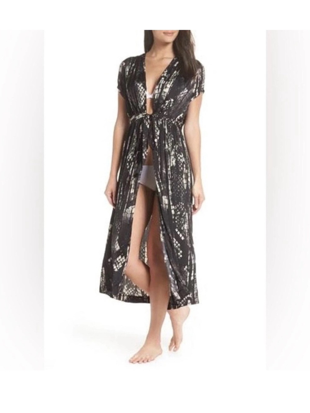 Intimately Free People So Long Tie Front Robe Coverup Black Print M Versatile